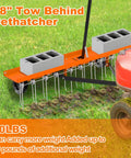 48 Inch Tow Behind Dethatcher With 24 Spring Steel Tines shown attached to a riding mower on grass
