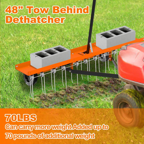48 Inch Tow Behind Dethatcher With 24 Spring Steel Tines shown attached to a riding mower on grass