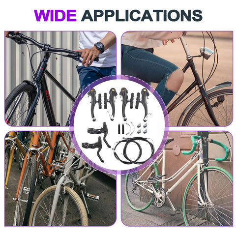 16 Piece Complete Bike Brake Set With Calipers Levers Cables Front And Rear V Brakes Black Aluminum Alloy Handlebars Universal Fit For Most Bicycles Includes Noodles Rubber Boots And Screws in use on various bike models