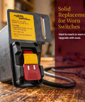 No Sweat Paddle Safety Switch With Dual Outlets And Key Lock For Router Tables And Table Saws Delivering Rock Hard 15 Amp 120 Volt Shop Control Kit Upgrade close-up of power switch on wooden workbench