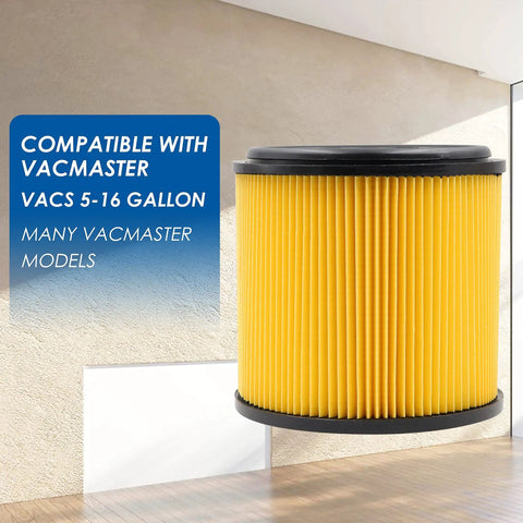 Yellow Replacement Vacuum Filter For VacMaster 5 To 16 Gallon Standard Cartridge Filter And Retainer, compatible with VacMaster models.
