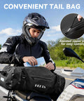 Motorcyclist placing map into Waterproof Motorcycle Dry Bag 50L Duffel Luggage With Zippered Closure on parked bike