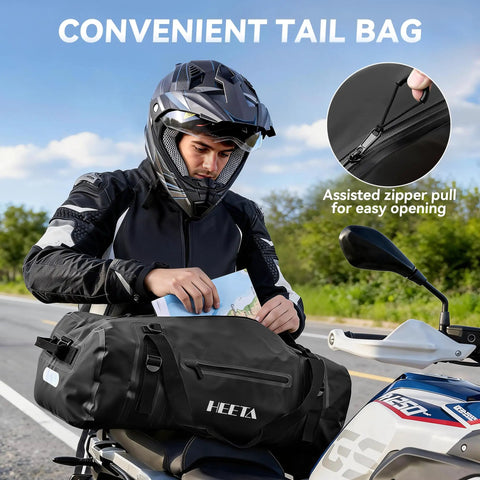 Motorcyclist placing map into Waterproof Motorcycle Dry Bag 50L Duffel Luggage With Zippered Closure on parked bike