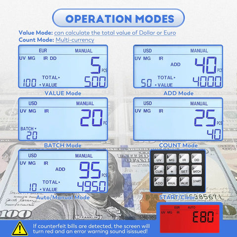 Fast Cash Counter Machine With Value Count And 4 Inch LED Display, showing operation modes and counterfeit detection settings.