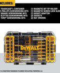 DEWALT 40-piece Flextorq Impact Ready screwdriver bit set in transparent case with yellow accents, front view