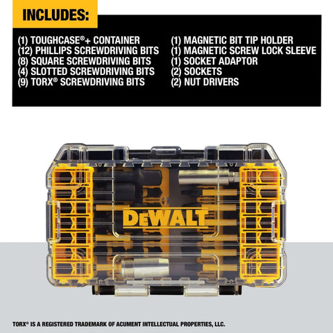 DEWALT 40-piece Flextorq Impact Ready screwdriver bit set in transparent case with yellow accents, front view