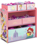 Disney Princess Six Bin Toy Storage Organizer for Kids with colorful princess graphics and six compartments for toys and books.
