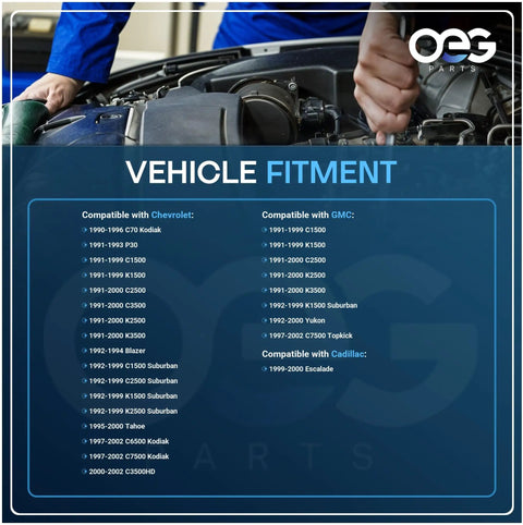 Vehicle fitment chart for Fresh Front Windshield Wiper Motor compatible with Chevy, GMC, Cadillac models 1990-2002.
