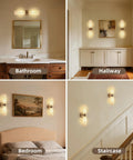 Natural Spanish Alabaster Wall Sconces Set Of Two Hardwired 20 Inch Wall Mounted Light Fixtures In Solid Brass in bathroom and hallway.