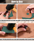 Guide to using the Leather Hole Punch Set 25-Piece With 1-25mm Hollow Punch Kit on a leather piece with A6 cutting mat shown.