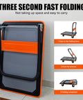Heavy Duty Flatbed Cart And Hand Truck With 660 Lb Capacity Folding Design For Easy Storage shown in folded position with orange accents.
