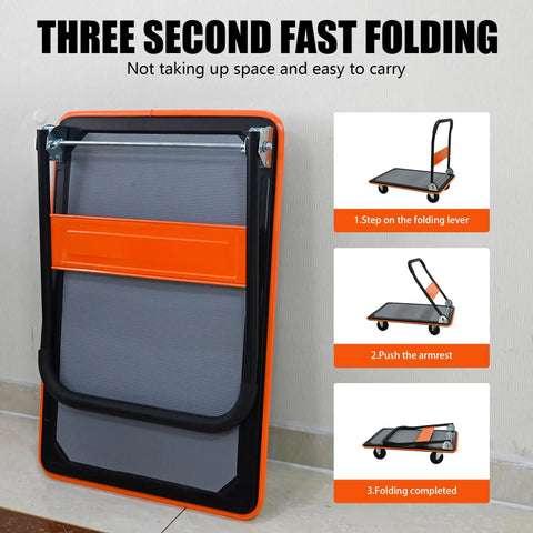 Heavy Duty Flatbed Cart And Hand Truck With 660 Lb Capacity Folding Design For Easy Storage shown in folded position with orange accents.
