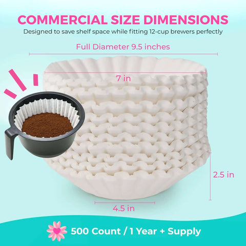 Large Commercial Coffee Filters 9.5 X 4.5 Inches For 12-Cup BUNN Fetco And Curtis Coffee Machines - Tall Walls Prevent Ground Overflow