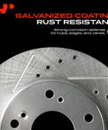 Heavy Duty Rear Drilled And Slotted Brake Rotors Deliver Top Shelf Stopping Power With Straight Up Bolt On Fit For Chevy Tahoe Silverado Suburban Avalanche And Cadillac Escalade, close-up of galvanized rust-resistant coating.