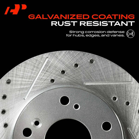 Heavy Duty Rear Drilled And Slotted Brake Rotors Deliver Top Shelf Stopping Power With Straight Up Bolt On Fit For Chevy Tahoe Silverado Suburban Avalanche And Cadillac Escalade, close-up of galvanized rust-resistant coating.