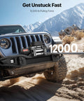 12,000 Pound Electric Winch For Trucks And Off Road Rigs With 0.36 Inch By 80 Foot Steel Rope, Wireless And Wired Remote Control, IP55 Waterproof, Ideal For SUV Jeep Trailer Boat Recovery mounted on Jeep bumper in sand
