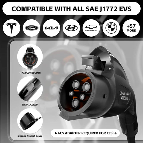 Close-up of J1772 connector with metal clasp and silicone cover for Smart Level 2 EV Charger Portable 40 Amp 9.6kW.