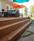 Heavy Duty Wood Stain And Sealer In One For Decks, 5 Gallon Semi Transparent Waterproof Coating In Light Walnut on wooden steps.
