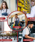 Collage showing diverse professionals in schools, factories, cleaning services, restaurants, and public environments.