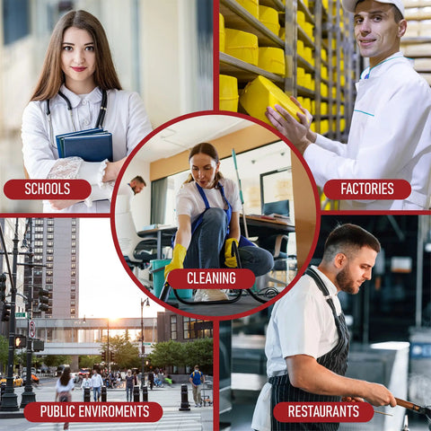 Collage showing diverse professionals in schools, factories, cleaning services, restaurants, and public environments.