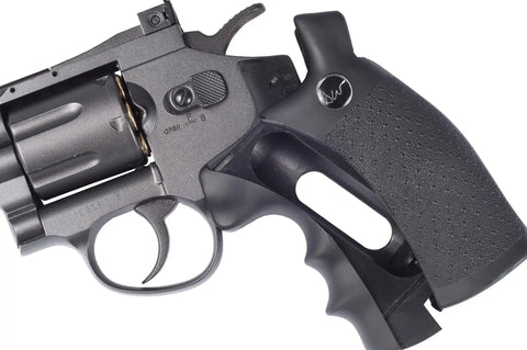 Close-up of trigger and handle on Licensed Dan Wesson WG CO2 Metal High Power 6mm Magnum Gas Revolver For Airsoft Black 6 Inch Barrel