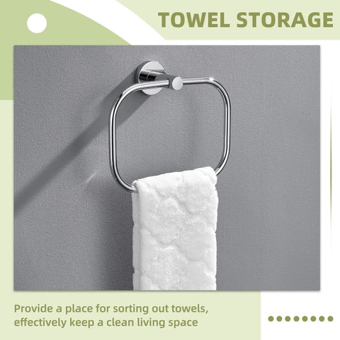 Slick Premium Chrome Square Hand Towel Ring For Bathroom Sink Wall Mounted Heavy Duty Rust Resistant Quick Dry Space Saver Solid Bracket Tight Pro Style holding a white towel.