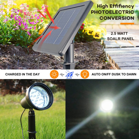Solar Spotlight Outdoor Light Waterproof LED Flood Light Solar Powered With Separate Panel and 16 Foot Extension in garden setting