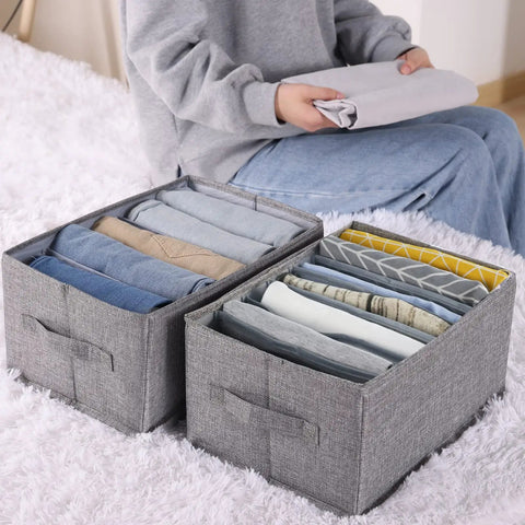 Wardrobe Closet Organizers 4 Piece Set With 7 Grid And 5 Grid Foldable Jeans Organizers for shelf storage bins in use, grey