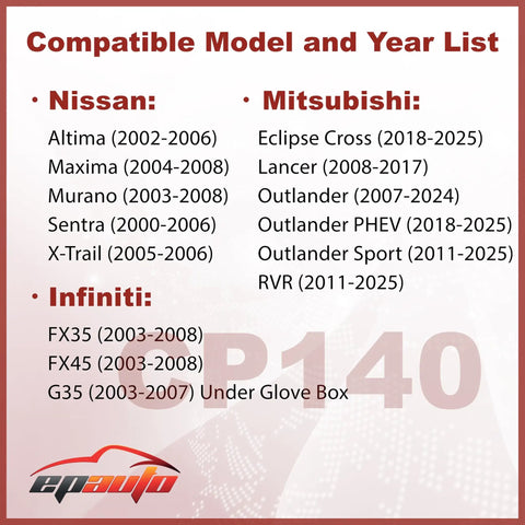 Compatibility chart for Cabin Air Filter For Nissan Altima Maxima Murano Sentra X-Trail Infiniti FX35 FX45 Mitsubishi models