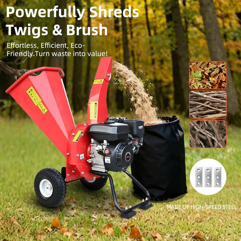 Heavy Duty Wood Chipper Shredder Mulcher with 7HP 212cc gas power shredding branches in orchard setting