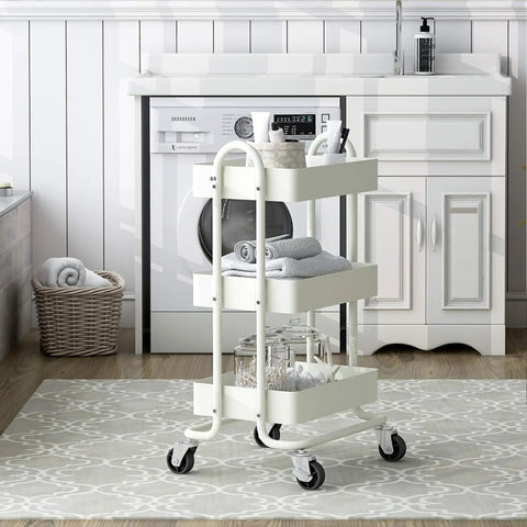 Three Tier Metal Rolling Cart With Wheels, Utility Cart On Casters For Office, Home, Kitchen Or Garden, White Finish in laundry room