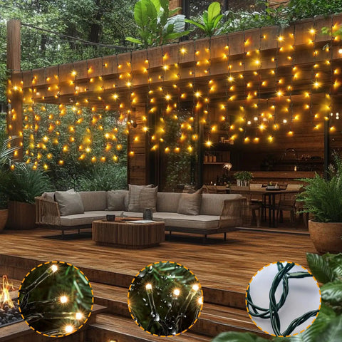 Solar Curtain Lights Outdoor 200 LED Set, 13Ft By 3.3Ft Waterproof String Lights With Auto On Off, 8 Modes, Warm White Glow