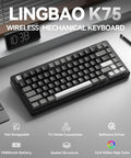 Compact 75 Percent Wireless Mechanical Gaming Keyboard With Hella Smooth Triple Connection Modes And A Massive Ten Thousand Milliamp Hour Battery on desk with clock
