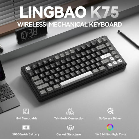 Compact 75 Percent Wireless Mechanical Gaming Keyboard With Hella Smooth Triple Connection Modes And A Massive Ten Thousand Milliamp Hour Battery on desk with clock