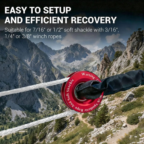 2 Piece Winch Snatch Block Pulley Recovery Ring Kit With Soft Shackle For Rope Pulley Built For ATV UTV SUV Truck Off Road Heavy Duty 66,000 LBS Beefed Up Winch Accessories In Red, shown with rope and soft shackle