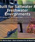 Top Shelf Heavy Duty Waterproof Wood Stain And Sealer For Marine Docks Boat Piers Marinas And Boardwalks Light Walnut Water Based Exterior Finish 2.5 Gallon applied on wooden dock in fresh and saltwater environment.