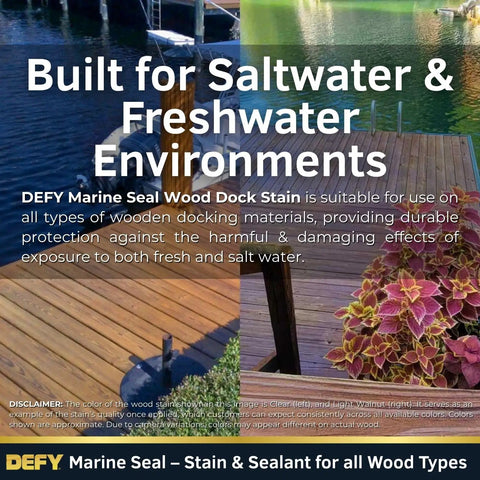Top Shelf Heavy Duty Waterproof Wood Stain And Sealer For Marine Docks Boat Piers Marinas And Boardwalks Light Walnut Water Based Exterior Finish 2.5 Gallon applied on wooden dock in fresh and saltwater environment.