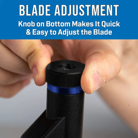 Close-up of adjustment knob on Cable Saber Workhorse Mid Span Armored Cable Slit And Ring Tool For 4 Mm To 28.6 Mm Cables Ultra Sharp Steel Blade Adjustable Blade Built For Thick Jacketed Fiber Optic And Armor Cabling Access.