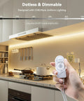 Hand holding Motion Activated LED Dimmer Controller With PIR Sensor in kitchen with LED strip lighting, DC12-24V, 3A Max, 2 Pack
