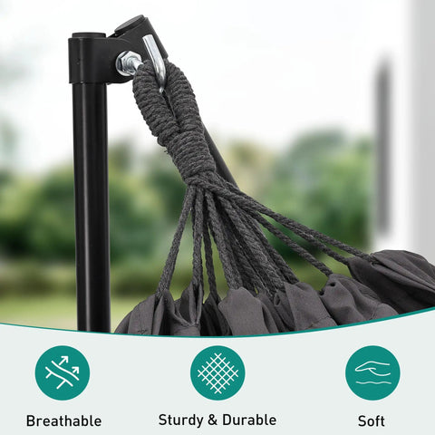 Close-up of Two In One Hammock And Swing Chair With Foldable Stand carrying bag durable gray fabric and ropes