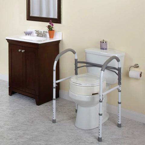 Adjustable Detachable Toilet Safety Rails With Non Slip Grab Bar And Padded Handles, Aluminum Frame, installed in bathroom