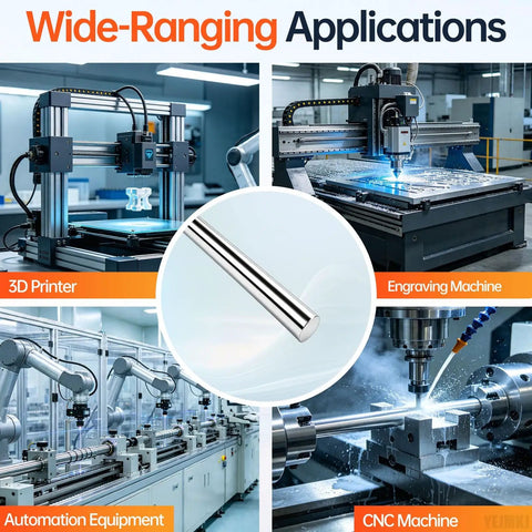 Precision 2-Pack Linear Motion Rods Featuring Smooth Chrome Plated C45 Carbon Steel Shafts for DIY Robotics CNC and 3D Printer builds shown with machines.
