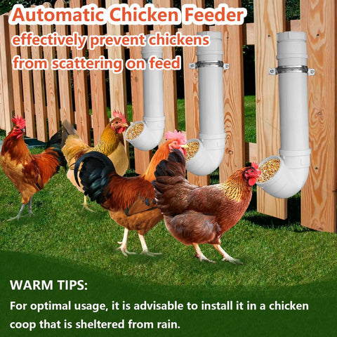 3 Pack Automatic Chicken Feeder Made With Premium PVC Pipe Hanging Design Featuring Sturdy Lid For Poultry Care Easy To Install And Clean To Reduce Feed Waste This Durable Feeding Dispenser Is Built Tough For Long Lasting Use In Your Coop Setup