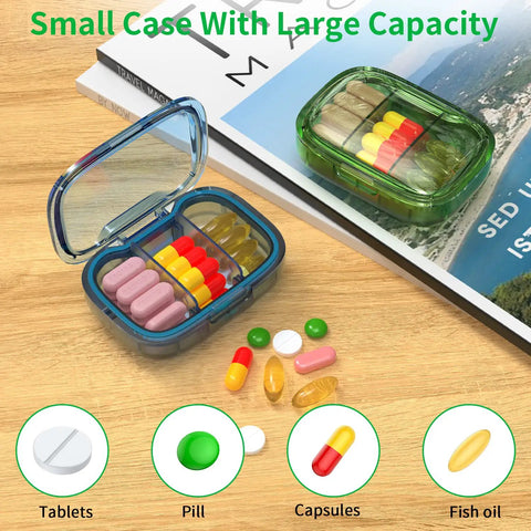 Two Pack Three Compartment Pill Box With Moisture Proof Case And Pocket Size Portable Travel Organizer On Desk