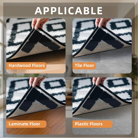 Eight Pack Non Slip Rug Grippers For Area Rugs Double Sided Rug Pads Corner Tape For Hardwood Floors Tile And Laminate Easy Peel And Stick Low Profile Edges Strong Adhesive No Damage Removable Carpet Stickers on various floors.