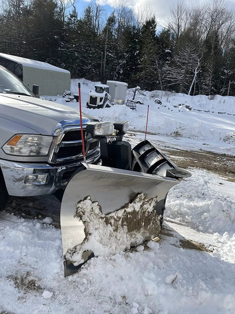 Snow Plow Blade Markers And Guides Kit 27 Inch With 304L Stainless Steel Base installed on truck in snowy landscape