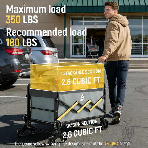 Man using Folding Utility Cart With Triangular Wheels 2 In 1 Collapsible Stair Climbing Wagon for groceries outside store.