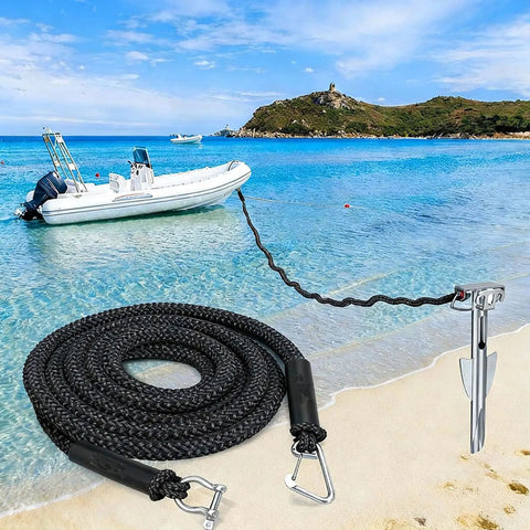 Elastic Bungee Dock Line For Boat Mooring 14 Ft Rope With 316 Stainless Steel Clips shown securing a boat on a beach