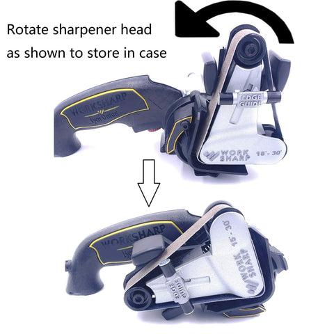 Work Sharp Ken Onion sharpener illustrating rotation for storage in hard storage case for Work Sharp Knife and Tool Sharpener Ken Onion Edition.