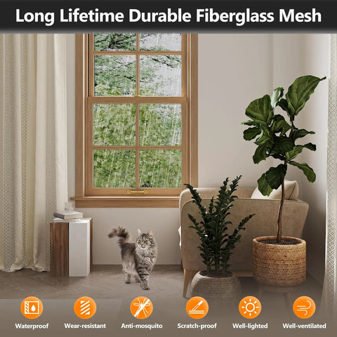 Window Screen Repair Kit for Doors and Windows, 48 by 177 Inches, showcasing durable fiberglass mesh installed on a window.